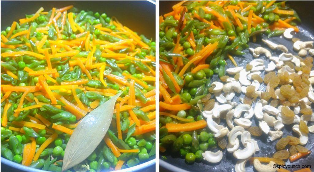 frying veggies and dry fruits together for Bengali fried rice recipe
