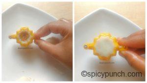 add coconut stuffing and sealed the bottom of modak in the mould