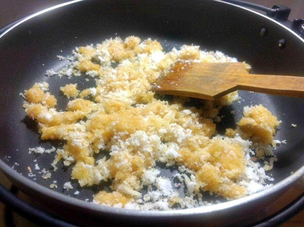 adding jaggery with the coconut