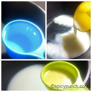 adiing water, milk and ghee in the pan for making the dough of modak