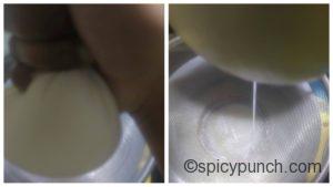 holding the chenna pouch from its mouth and squeeze to remove the whey out