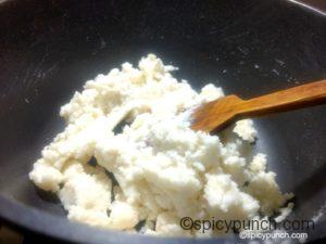 rice flour is mixed with the hot water, milk, ghee and salt mix for making modak