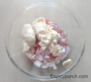 all veggies with mayonnaise i the mixing bowl