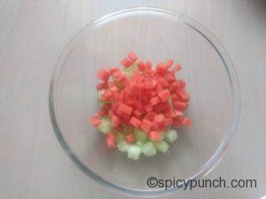 small diced carrot and cucumber in the mixing bowl
