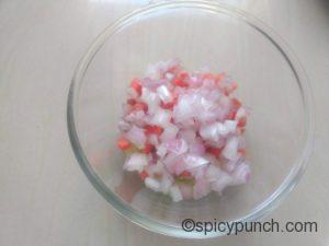 small diced carrot-cucumber-onion in the mixing bowl