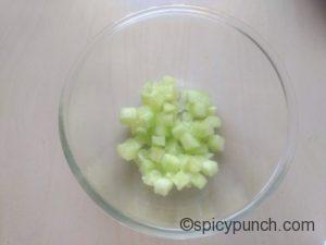 take small diced cucumber in the mixing bowl