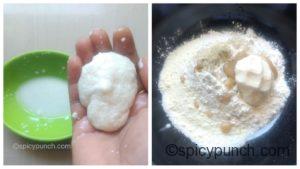 Soaked suji is mixed with other ingredients kept in the mixing bowl