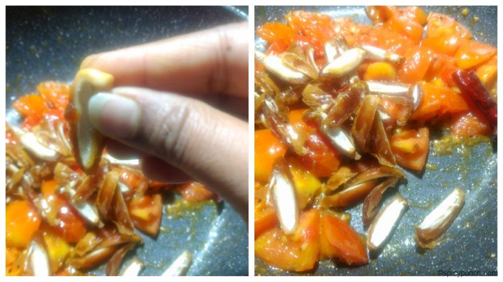 cut the date or khejur as shown in the pic and then add it to the pan for making tomato khejur chutney