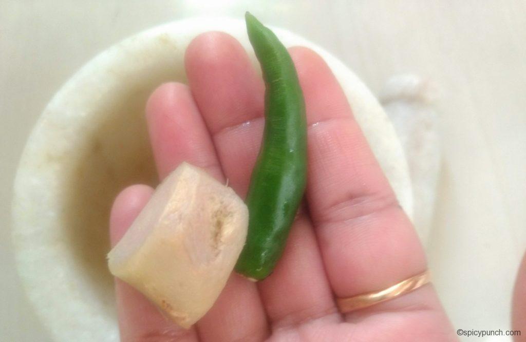 showing the ginger and green chilli, was used for making the patties of vegetable chops recipe or veg chop recipe